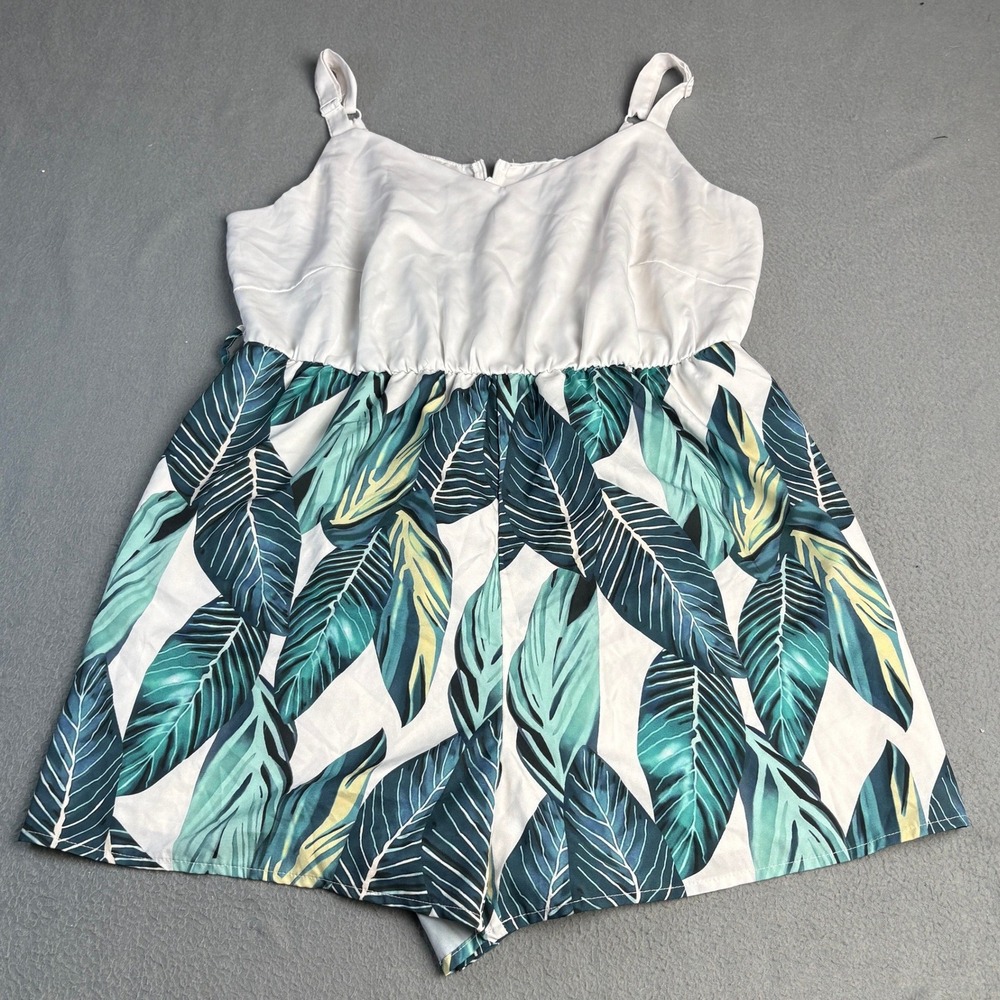 BloomChic Tropical Palm Leaf Print Romper White Green US 14-16 L/XL